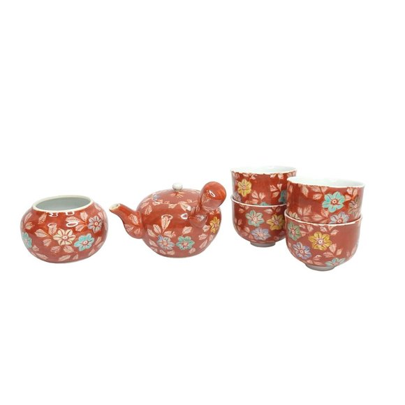 Kyusu Teapot with 4 Cups Small Tea Set Asian Rusty Red Floral Bowl Vase Tea Saki - Picture 10 of 12